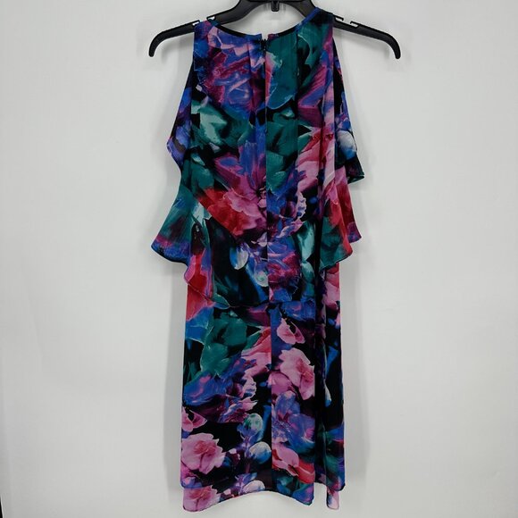 Tahari Abstract Floral Cocktail Dress 4 RuffleTrim Sleeveless Swing Black Pink - Picture 2 of 12